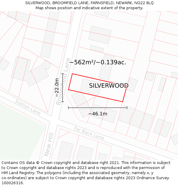 SILVERWOOD, BROOMFIELD LANE, FARNSFIELD, NEWARK, NG22 8LQ: Plot and title map