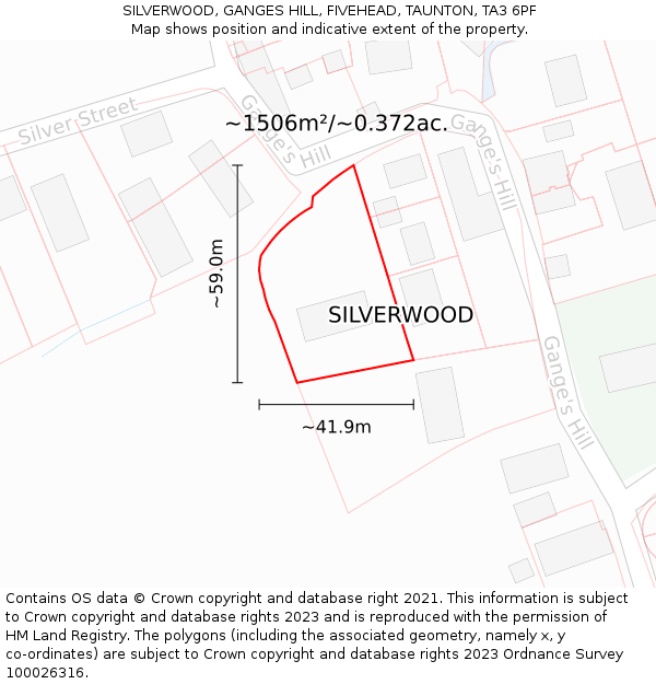 SILVERWOOD, GANGES HILL, FIVEHEAD, TAUNTON, TA3 6PF: Plot and title map