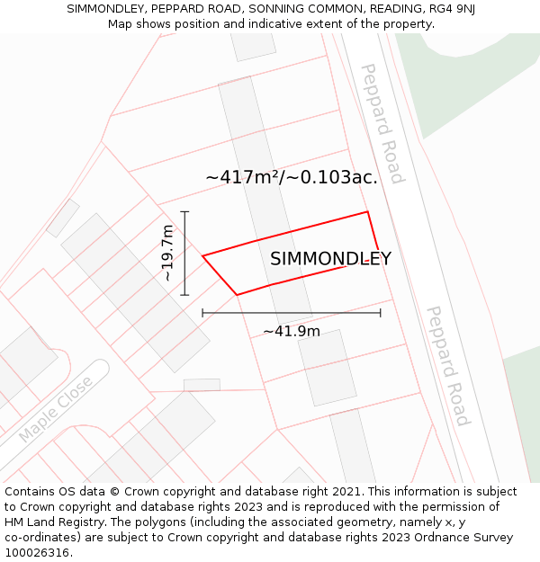 SIMMONDLEY, PEPPARD ROAD, SONNING COMMON, READING, RG4 9NJ: Plot and title map