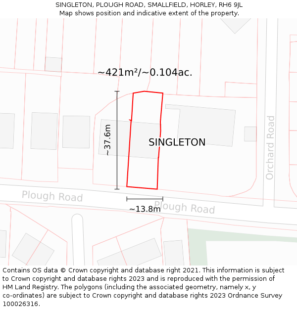 SINGLETON, PLOUGH ROAD, SMALLFIELD, HORLEY, RH6 9JL: Plot and title map