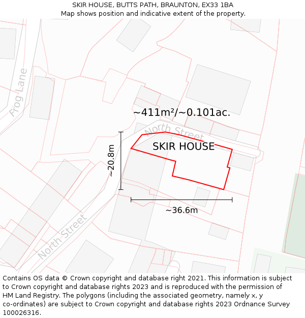 SKIR HOUSE, BUTTS PATH, BRAUNTON, EX33 1BA: Plot and title map