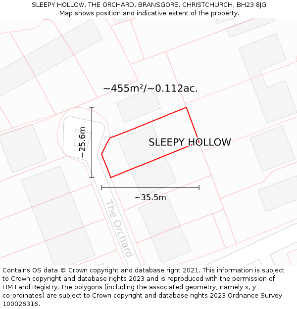 SLEEPY HOLLOW, THE ORCHARD, BRANSGORE, CHRISTCHURCH, BH23 8JG: Plot and title map