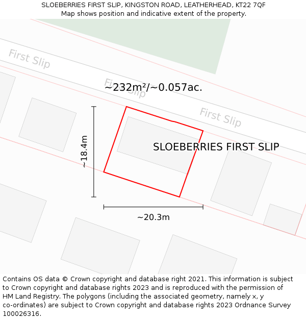 SLOEBERRIES FIRST SLIP, KINGSTON ROAD, LEATHERHEAD, KT22 7QF: Plot and title map