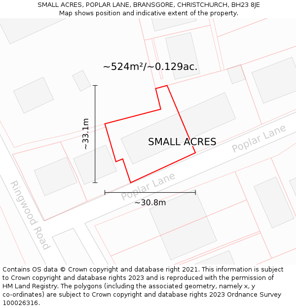 SMALL ACRES, POPLAR LANE, BRANSGORE, CHRISTCHURCH, BH23 8JE: Plot and title map