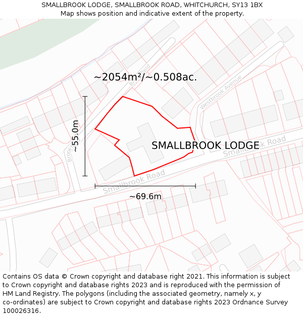 SMALLBROOK LODGE, SMALLBROOK ROAD, WHITCHURCH, SY13 1BX: Plot and title map