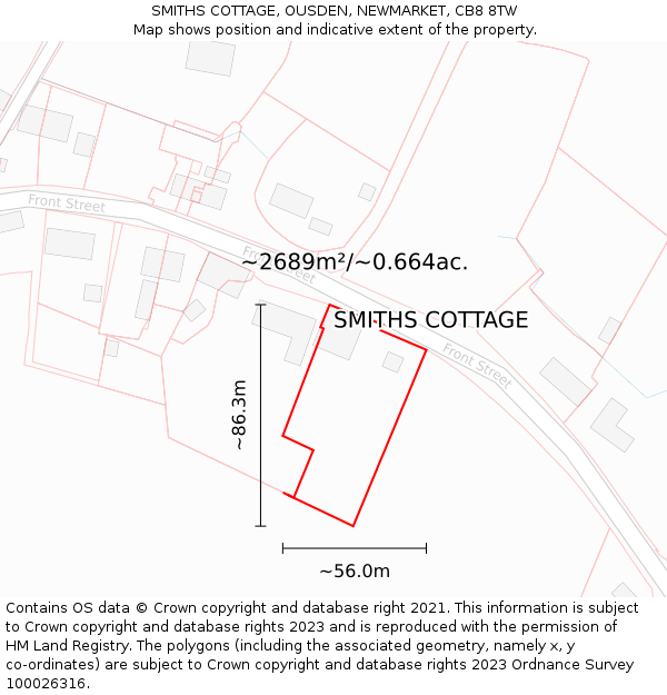 SMITHS COTTAGE, OUSDEN, NEWMARKET, CB8 8TW: Plot and title map