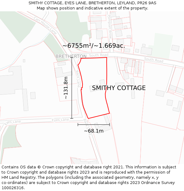 SMITHY COTTAGE, EYES LANE, BRETHERTON, LEYLAND, PR26 9AS: Plot and title map