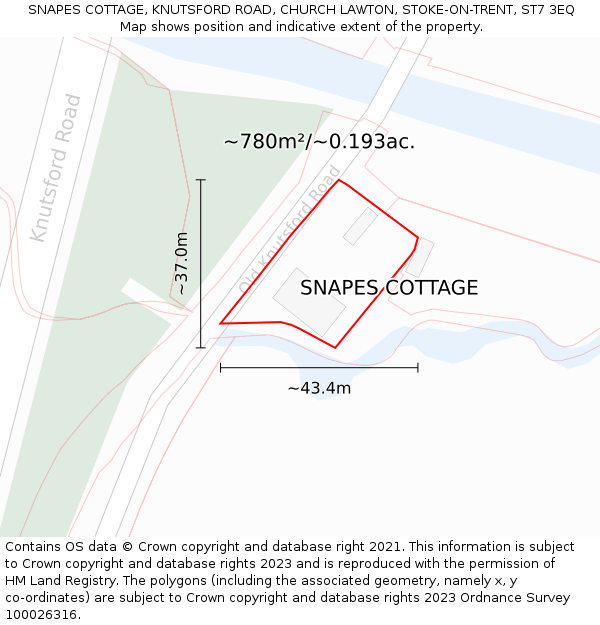 SNAPES COTTAGE, KNUTSFORD ROAD, CHURCH LAWTON, STOKE-ON-TRENT, ST7 3EQ: Plot and title map