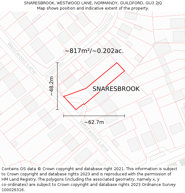 SNARESBROOK, WESTWOOD LANE, NORMANDY, GUILDFORD, GU3 2JQ: Plot and title map