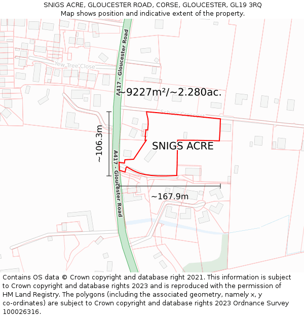 SNIGS ACRE, GLOUCESTER ROAD, CORSE, GLOUCESTER, GL19 3RQ: Plot and title map