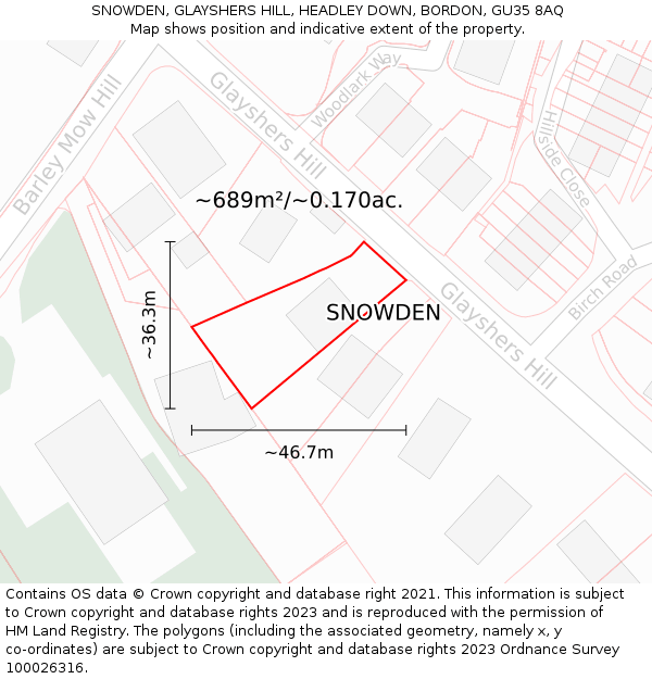 SNOWDEN, GLAYSHERS HILL, HEADLEY DOWN, BORDON, GU35 8AQ: Plot and title map