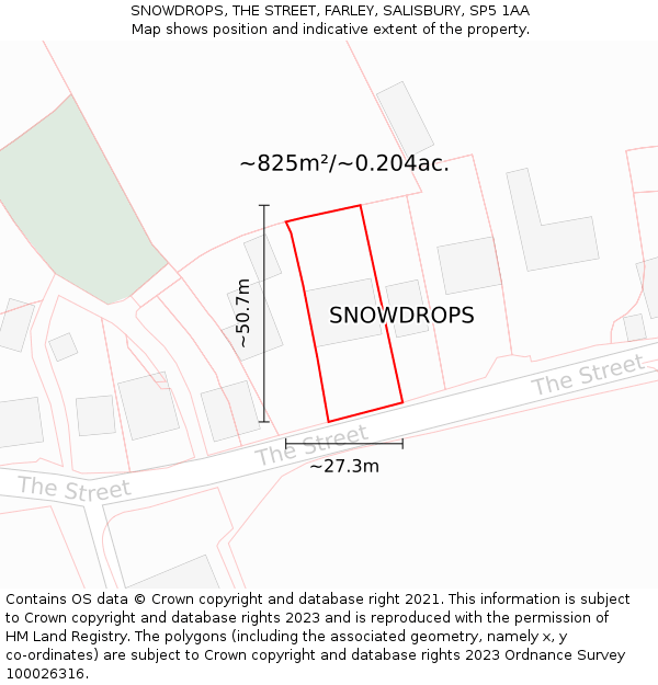 SNOWDROPS, THE STREET, FARLEY, SALISBURY, SP5 1AA: Plot and title map