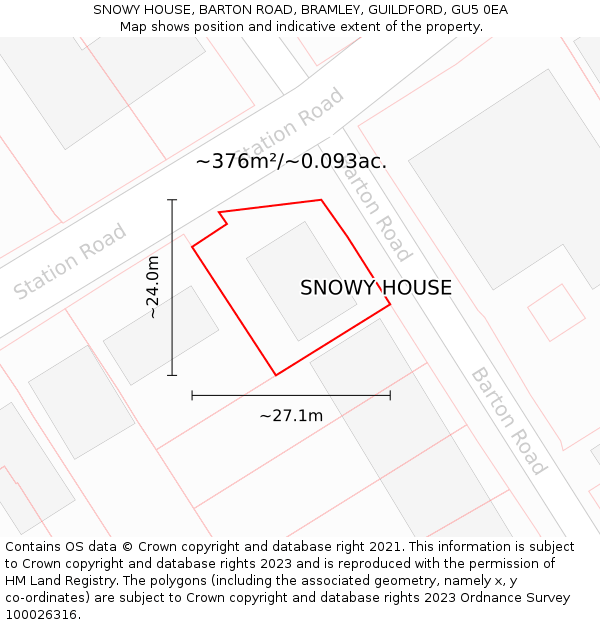 SNOWY HOUSE, BARTON ROAD, BRAMLEY, GUILDFORD, GU5 0EA: Plot and title map