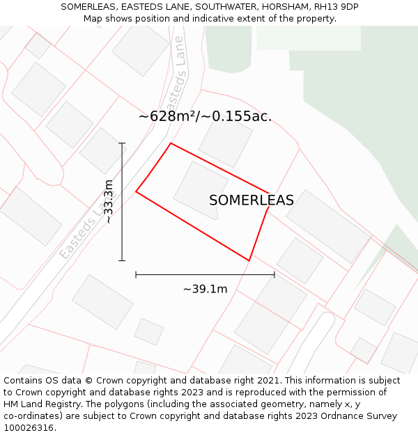 SOMERLEAS, EASTEDS LANE, SOUTHWATER, HORSHAM, RH13 9DP: Plot and title map