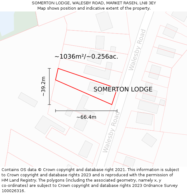 SOMERTON LODGE, WALESBY ROAD, MARKET RASEN, LN8 3EY: Plot and title map