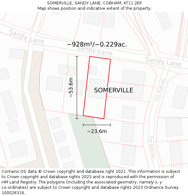 SOMERVILLE, SANDY LANE, COBHAM, KT11 2EP: Plot and title map