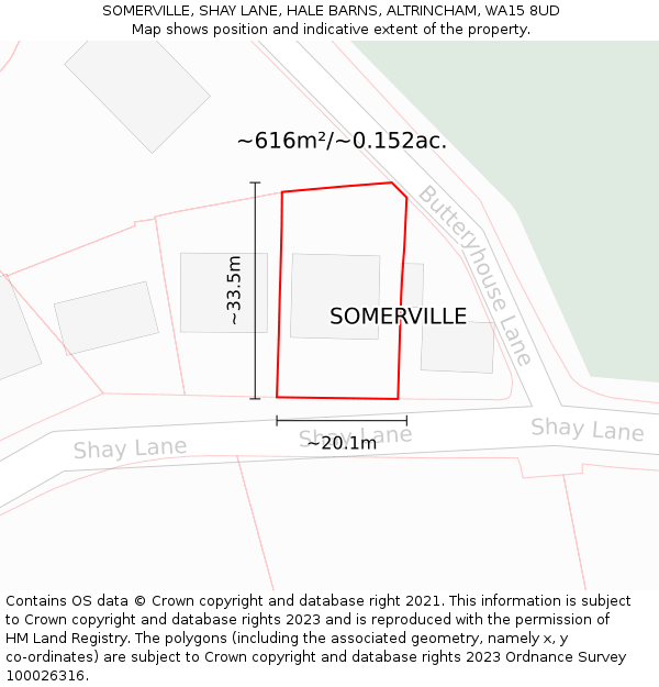 SOMERVILLE, SHAY LANE, HALE BARNS, ALTRINCHAM, WA15 8UD: Plot and title map