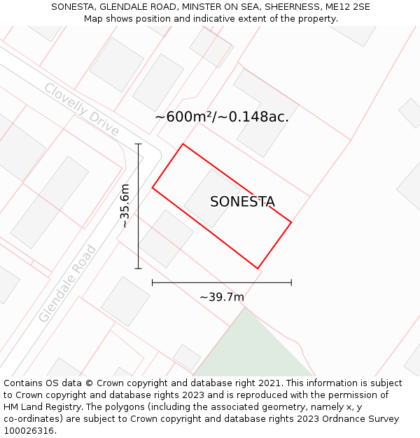 SONESTA, GLENDALE ROAD, MINSTER ON SEA, SHEERNESS, ME12 2SE: Plot and title map