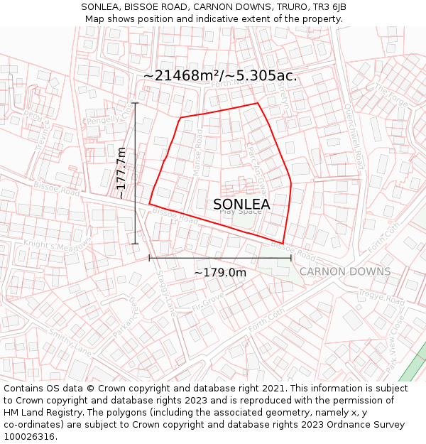 SONLEA, BISSOE ROAD, CARNON DOWNS, TRURO, TR3 6JB: Plot and title map