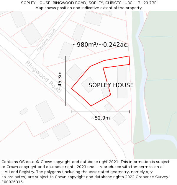 SOPLEY HOUSE, RINGWOOD ROAD, SOPLEY, CHRISTCHURCH, BH23 7BE: Plot and title map