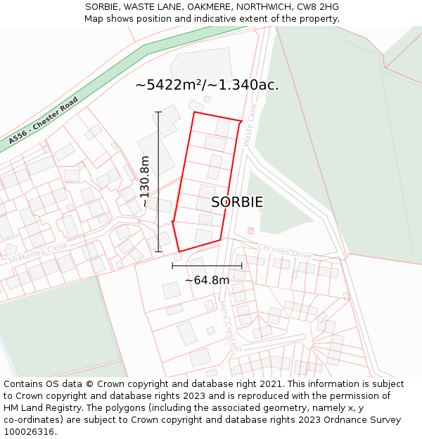 SORBIE, WASTE LANE, OAKMERE, NORTHWICH, CW8 2HG: Plot and title map