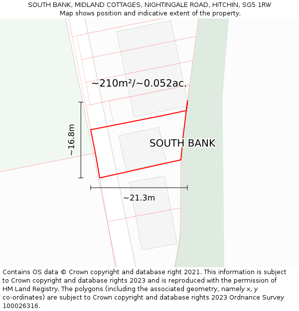 SOUTH BANK, MIDLAND COTTAGES, NIGHTINGALE ROAD, HITCHIN, SG5 1RW: Plot and title map
