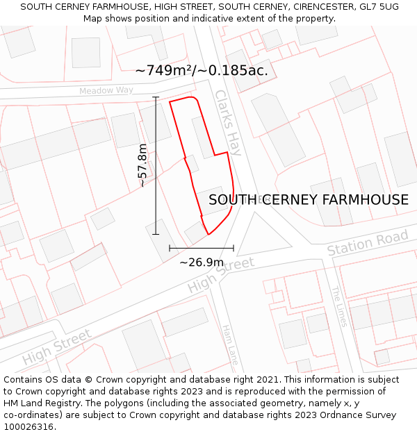SOUTH CERNEY FARMHOUSE, HIGH STREET, SOUTH CERNEY, CIRENCESTER, GL7 5UG: Plot and title map