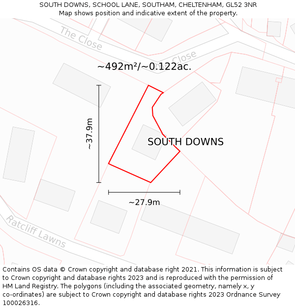 SOUTH DOWNS, SCHOOL LANE, SOUTHAM, CHELTENHAM, GL52 3NR: Plot and title map