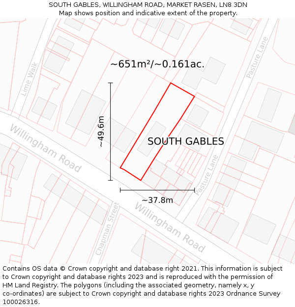 SOUTH GABLES, WILLINGHAM ROAD, MARKET RASEN, LN8 3DN: Plot and title map