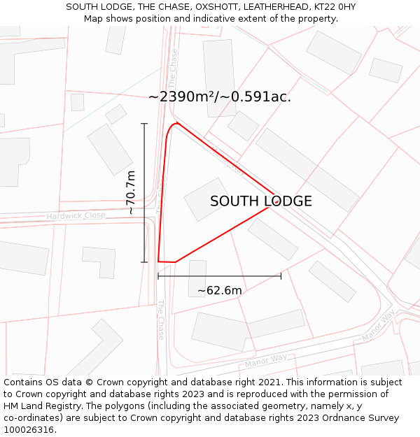 SOUTH LODGE, THE CHASE, OXSHOTT, LEATHERHEAD, KT22 0HY: Plot and title map