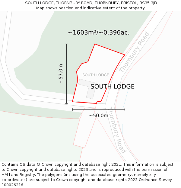 SOUTH LODGE, THORNBURY ROAD, THORNBURY, BRISTOL, BS35 3JB: Plot and title map