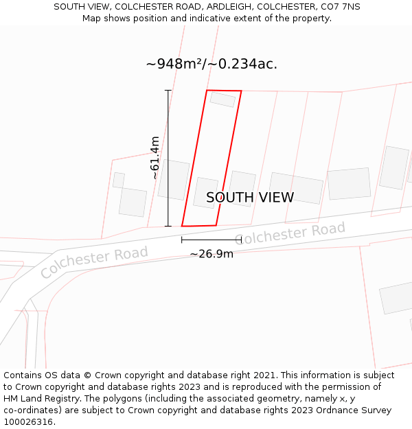 SOUTH VIEW, COLCHESTER ROAD, ARDLEIGH, COLCHESTER, CO7 7NS: Plot and title map