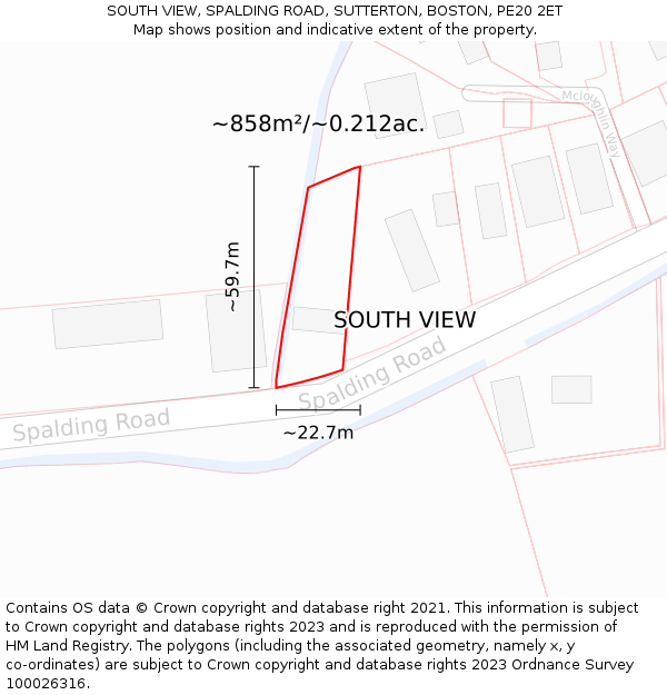 SOUTH VIEW, SPALDING ROAD, SUTTERTON, BOSTON, PE20 2ET: Plot and title map