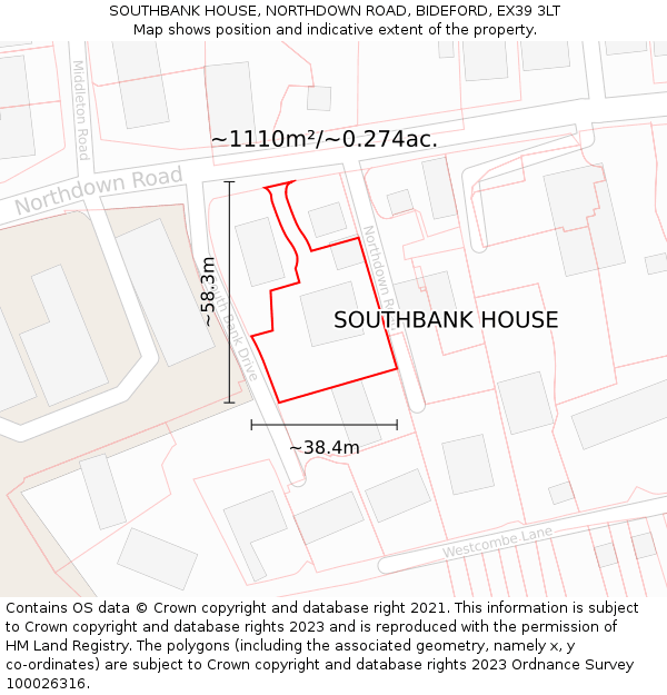 SOUTHBANK HOUSE, NORTHDOWN ROAD, BIDEFORD, EX39 3LT: Plot and title map