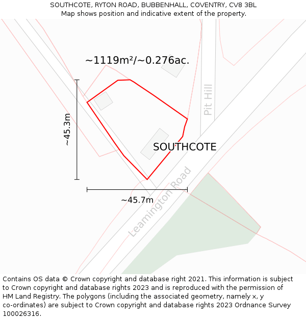 SOUTHCOTE, RYTON ROAD, BUBBENHALL, COVENTRY, CV8 3BL: Plot and title map