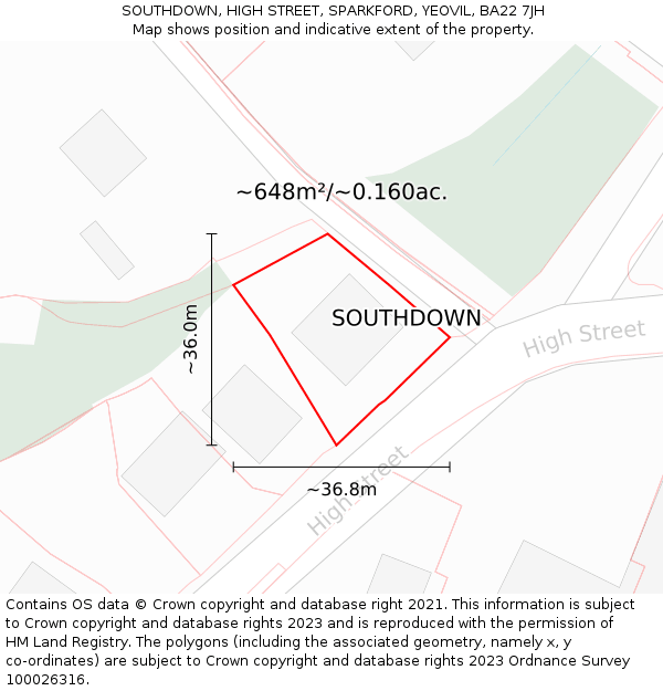 SOUTHDOWN, HIGH STREET, SPARKFORD, YEOVIL, BA22 7JH: Plot and title map