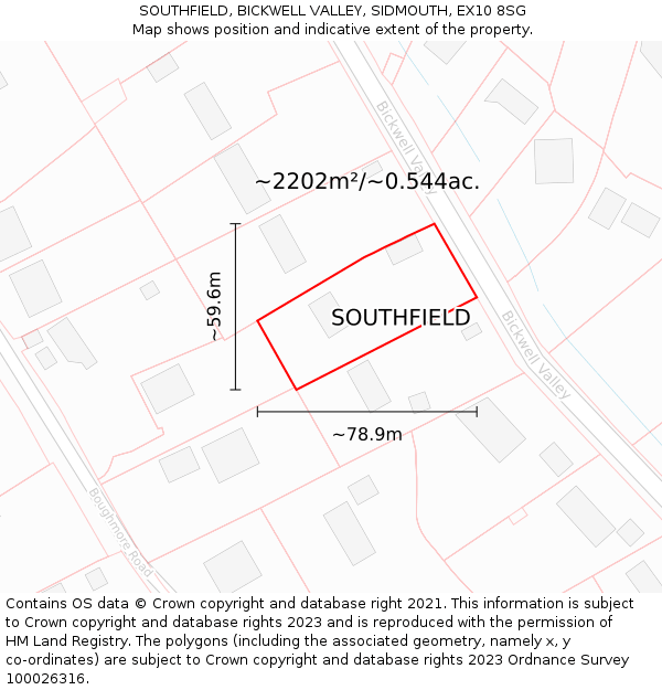 SOUTHFIELD, BICKWELL VALLEY, SIDMOUTH, EX10 8SG: Plot and title map