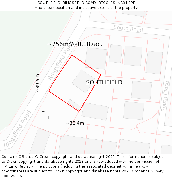 SOUTHFIELD, RINGSFIELD ROAD, BECCLES, NR34 9PE: Plot and title map
