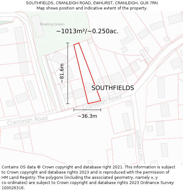 SOUTHFIELDS, CRANLEIGH ROAD, EWHURST, CRANLEIGH, GU6 7RN: Plot and title map