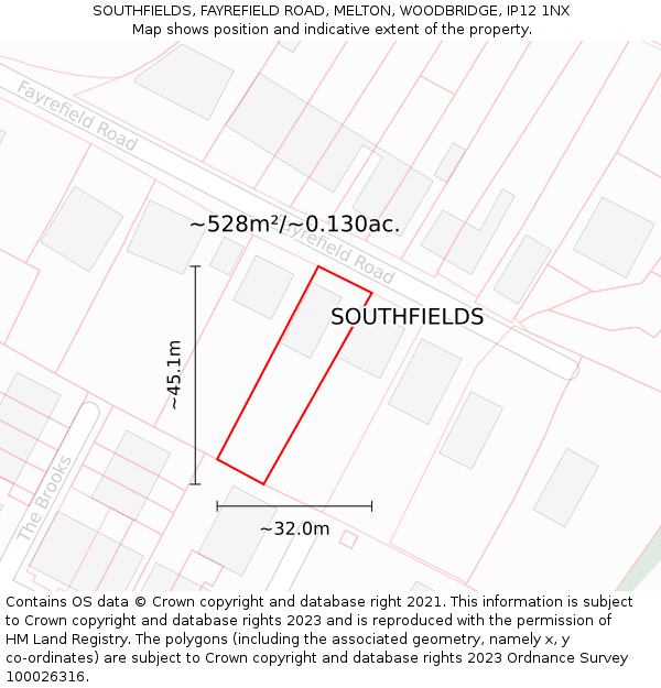 SOUTHFIELDS, FAYREFIELD ROAD, MELTON, WOODBRIDGE, IP12 1NX: Plot and title map
