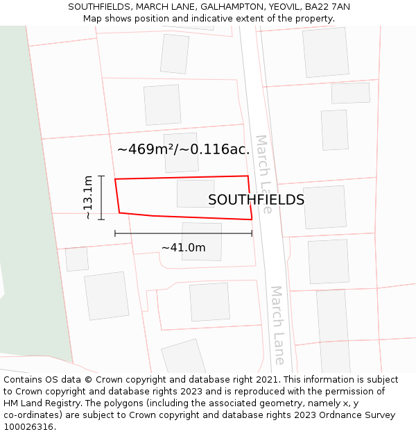 SOUTHFIELDS, MARCH LANE, GALHAMPTON, YEOVIL, BA22 7AN: Plot and title map