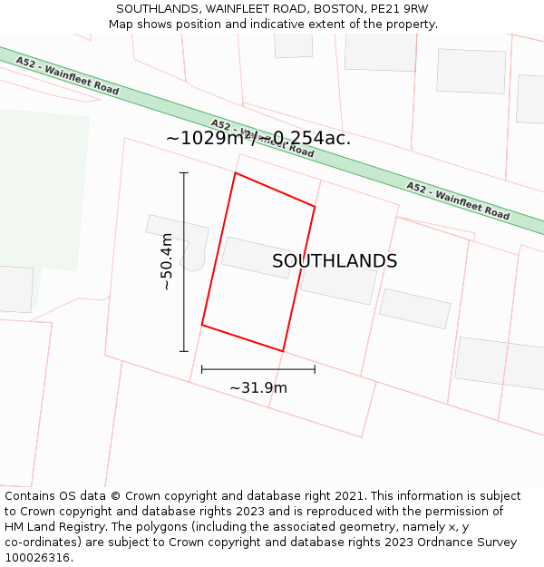 SOUTHLANDS, WAINFLEET ROAD, BOSTON, PE21 9RW: Plot and title map