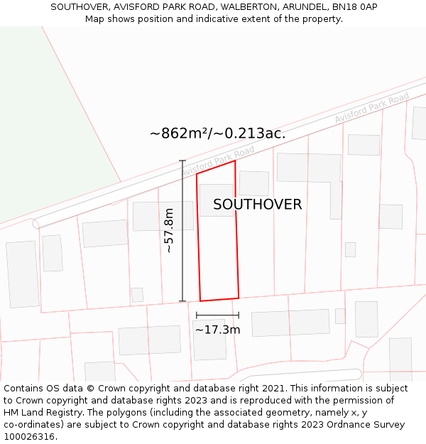SOUTHOVER, AVISFORD PARK ROAD, WALBERTON, ARUNDEL, BN18 0AP: Plot and title map