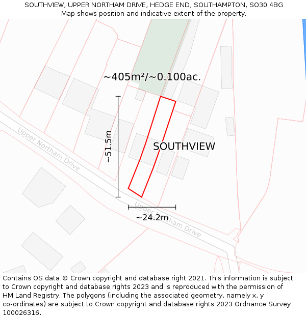 SOUTHVIEW, UPPER NORTHAM DRIVE, HEDGE END, SOUTHAMPTON, SO30 4BG: Plot and title map