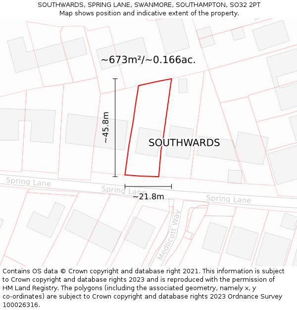 SOUTHWARDS, SPRING LANE, SWANMORE, SOUTHAMPTON, SO32 2PT: Plot and title map
