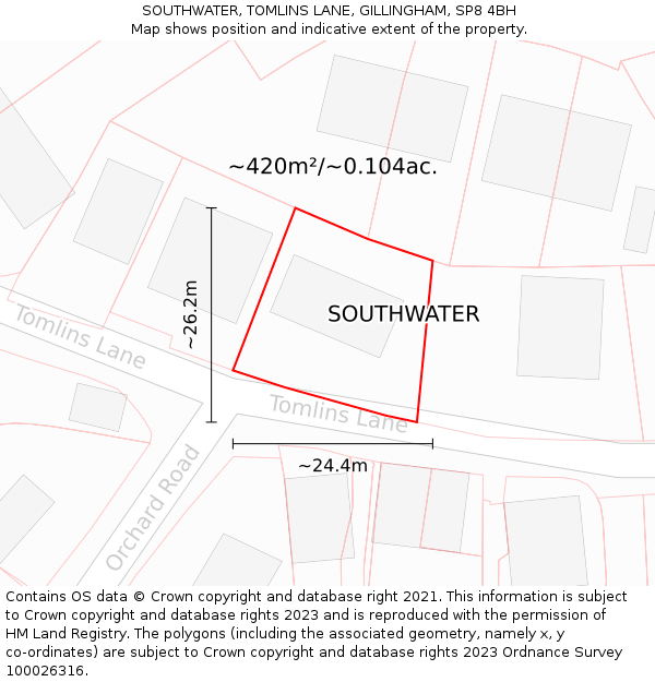 SOUTHWATER, TOMLINS LANE, GILLINGHAM, SP8 4BH: Plot and title map