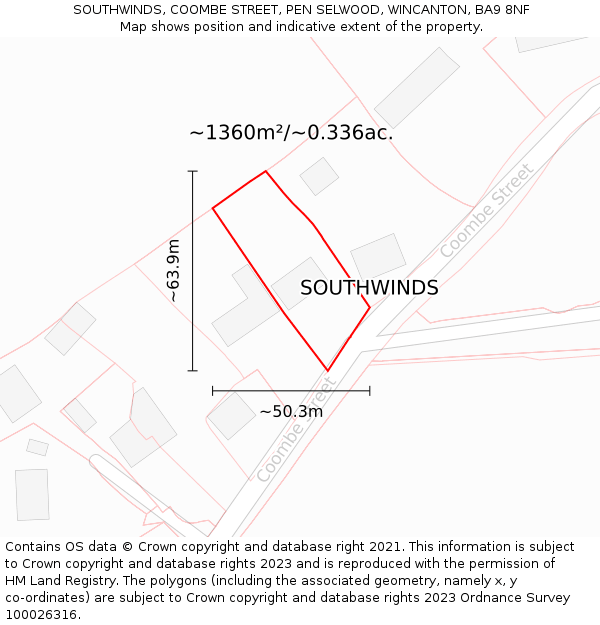 SOUTHWINDS, COOMBE STREET, PEN SELWOOD, WINCANTON, BA9 8NF: Plot and title map