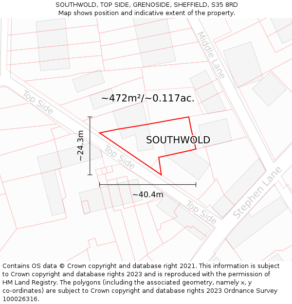 SOUTHWOLD, TOP SIDE, GRENOSIDE, SHEFFIELD, S35 8RD: Plot and title map