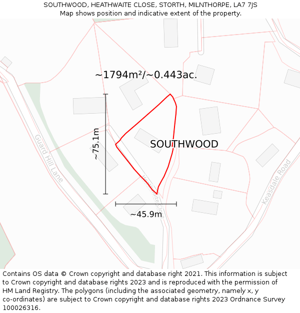 SOUTHWOOD, HEATHWAITE CLOSE, STORTH, MILNTHORPE, LA7 7JS: Plot and title map