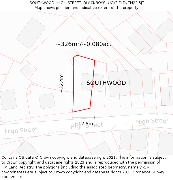 SOUTHWOOD, HIGH STREET, BLACKBOYS, UCKFIELD, TN22 5JT: Plot and title map